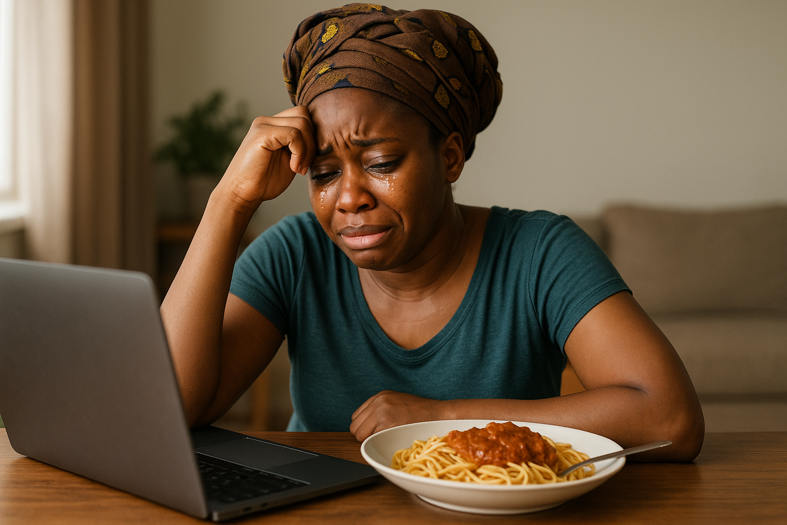 A young Nigerian woman wearing a teal home shirt and traditional headwrap sits at a table with a laptop and a plate of spaghetti and stew. She looks visibly exhausted and emotional, with tears running down her cheeks in a modest, dimly lit home setting.