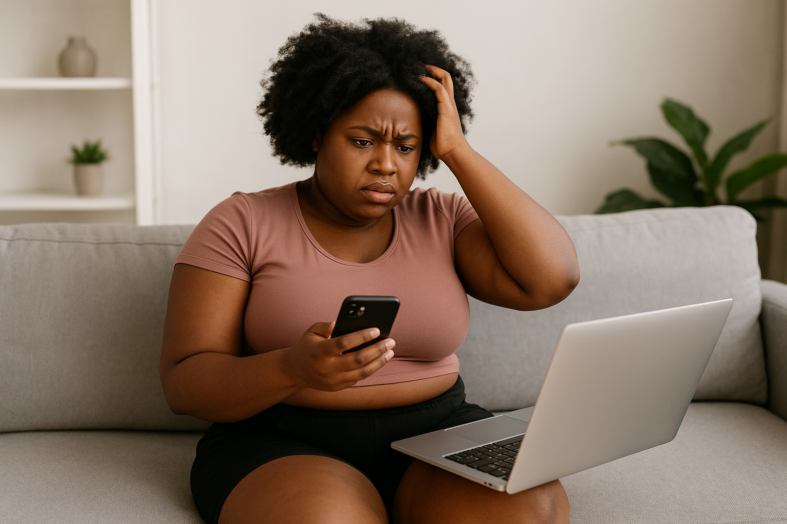 A young Black woman sits on a grey couch wearing a crop top and shorts, looking confused as she stares at her phone with a laptop open in front of her, multiple browser tabs visible on the screen.