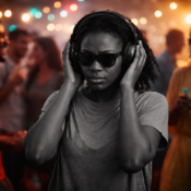 an image of a female at a party with headset and sun glasses, everyone in colour, them in greyscale, capturing the internal disconnection from the environment mid-overload.