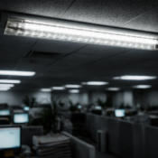 An image of a fluorescent light flickering above a row of office desks, shot from below