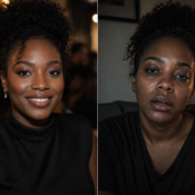 a split-screen portrait of a black woman: on the left, a face socially composed and smiling; on the right, the same face alone, exhausted, jaw slack