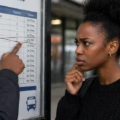 A black female young adult reading a timetable or schedule board that's been altered, a hand pointing at a crossed-out time, replaced by something illegible. The look of someone recalculating everything.