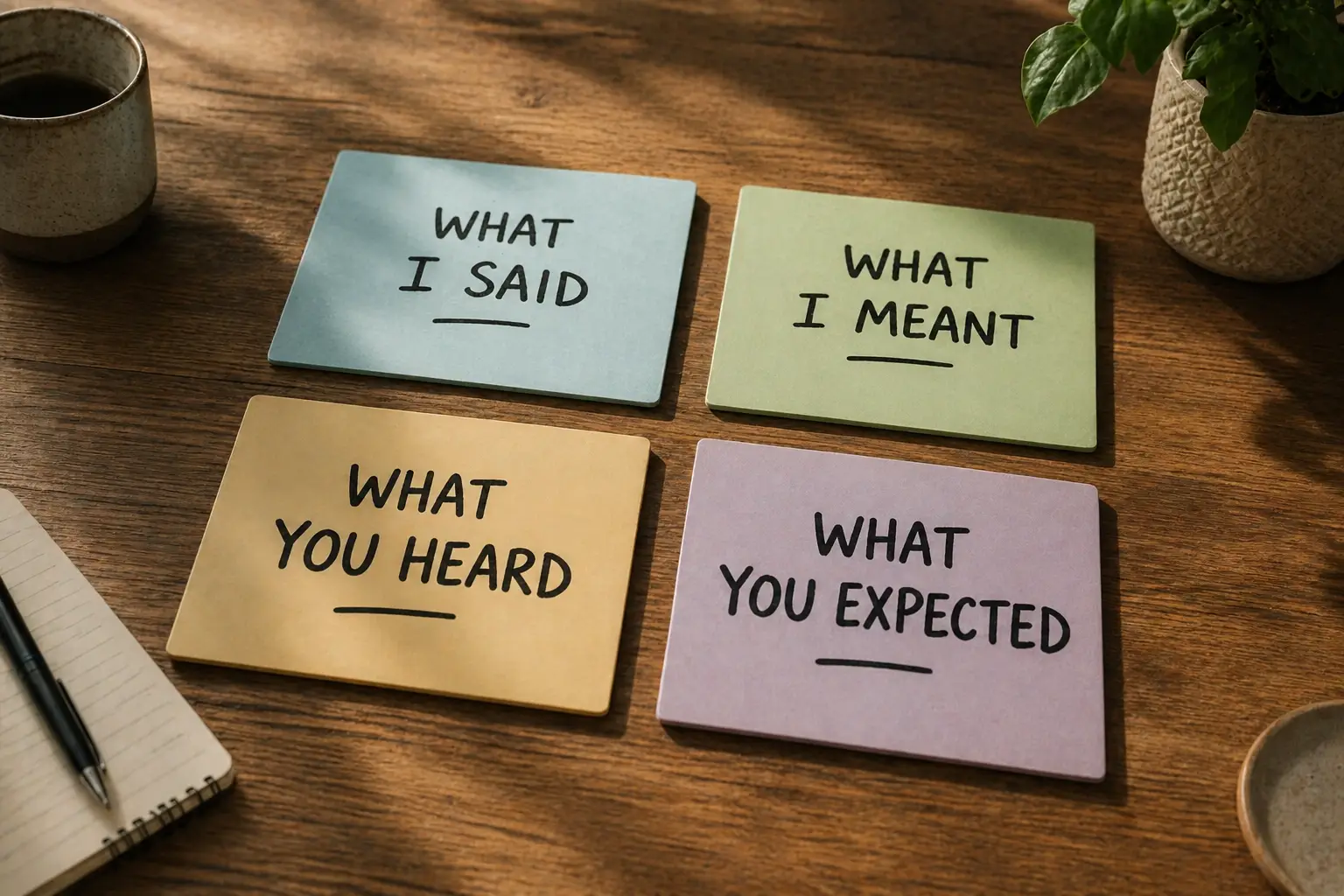 An image of words arranged on a table like objects — "what I said", "what I meant", "what you heard", "what you expected"