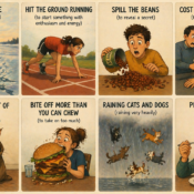 An image of a series of idioms illustrated literally — "break the ice" showing someone literally breaking ice, "hit the ground running" showing someone literally sprinting from a landing position.
