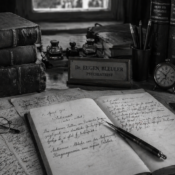 An image of a vintage black-and-white photograph of a psychiatrist's desk, evoking the early 20th-century medical world in which the term "autism" was first coined.