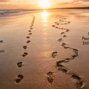 An illustration of autistic communication: an image of two sets of footprints in wet sand — one steady and evenly spaced. One that stops, starts, pauses, doubles back, and continues. Both going somewhere. One just taking a different path to get there.