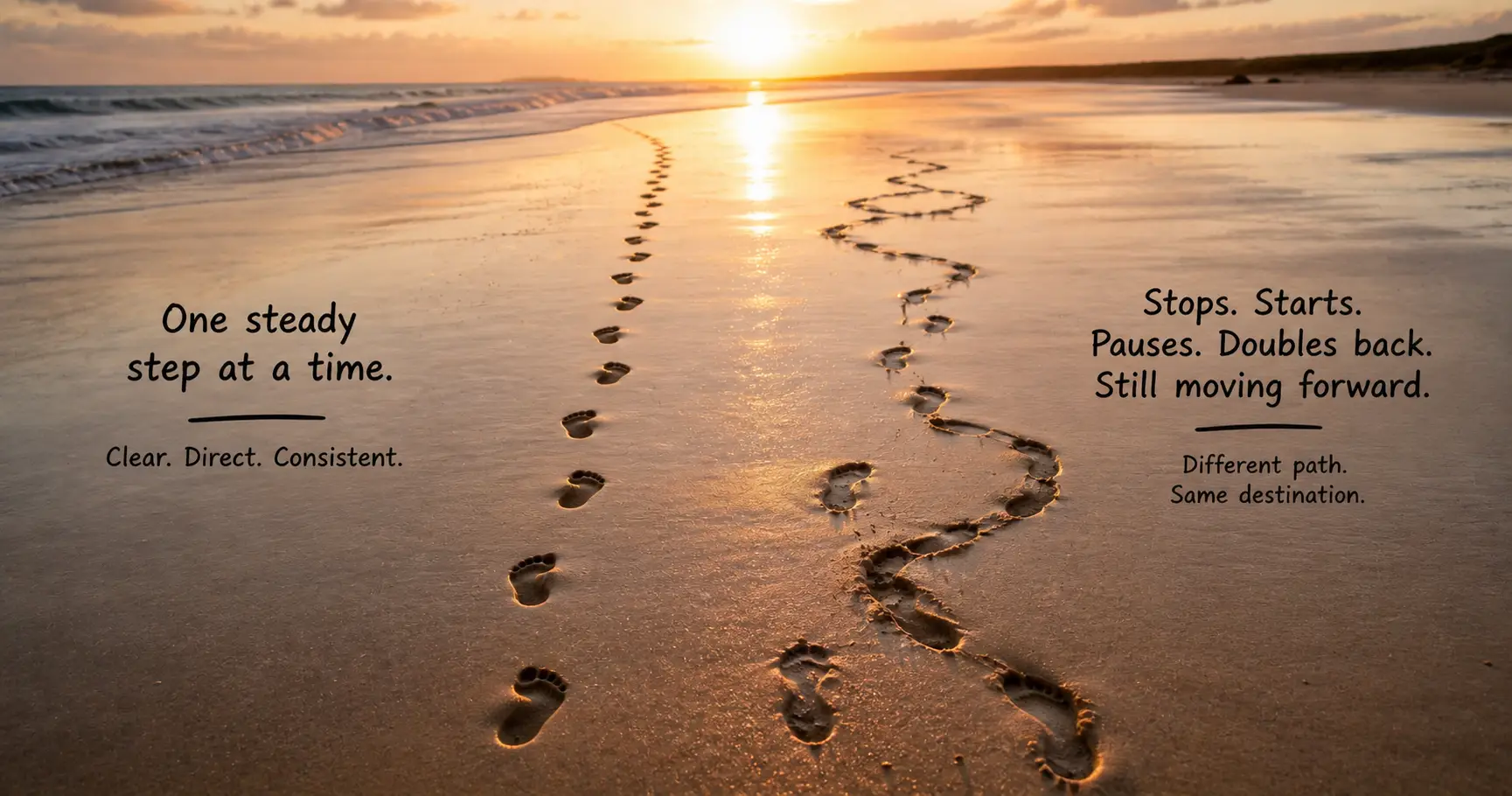 An illustration of autistic communication: an image of two sets of footprints in wet sand — one steady and evenly spaced. One that stops, starts, pauses, doubles back, and continues. Both going somewhere. One just taking a different path to get there.