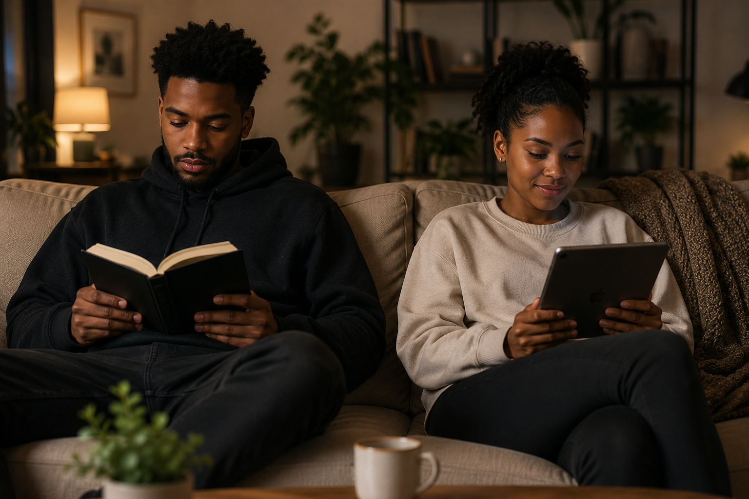 An image of two young black people ( a man and a woman) sitting side by side on a sofa, not talking, both relaxed — not distant, not disconnected. Just comfortable in shared silence.